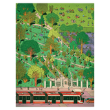 Illustration of a park with people, trees, and a tram on a green background