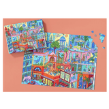 Colorful puzzle of a cityscape with pieces missing on a pink background
