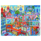 Colorful puzzle with a cityscape design featuring buildings, animals, and people.