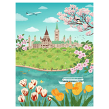 A colorful illustrated landscape print showing the Canadian Parliament building on a green hill beside a river, with cherry blossoms, tulips, an airplane, a boat, and a bird in a blue sky.