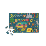 Jigsaw puzzle with a camper, animals, and nature-themed pieces on a blue background.