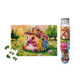 Colorful hedgehog puzzle with a completed section and packaging on a white background