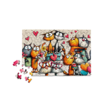 Jigsaw puzzle with cartoon cats and hearts on a white background