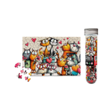 Puzzle with cartoon cats and hearts, partially completed, next to a tube packaging on a white background