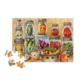 Jigsaw puzzle with cartoon jars of vegetables on a wooden shelf