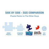 Comparison of puzzle packs sizes with branded icons on a white background