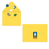 Two yellow envelopes with colorful puzzle pieces on a white background