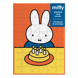 Miffy greeting card puzzle with a rabbit character and birthday cake on an orange and yellow background.