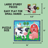 Farm-themed puzzle with cow, pig, and chicken illustrations on a green background with text about puzzle size and features.