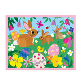 Children's Easter-themed puzzle with bunnies, eggs, and flowers on a white background