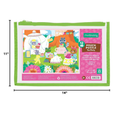 Mudpuppy pouch puzzle packaging with illustrations of animals at a tea party, dimensions indicated.