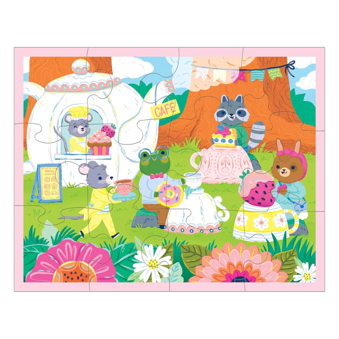 Children's puzzle with cartoon animals at a tea party in a colorful setting