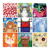 Grid of colorful cat illustrations in various art styles