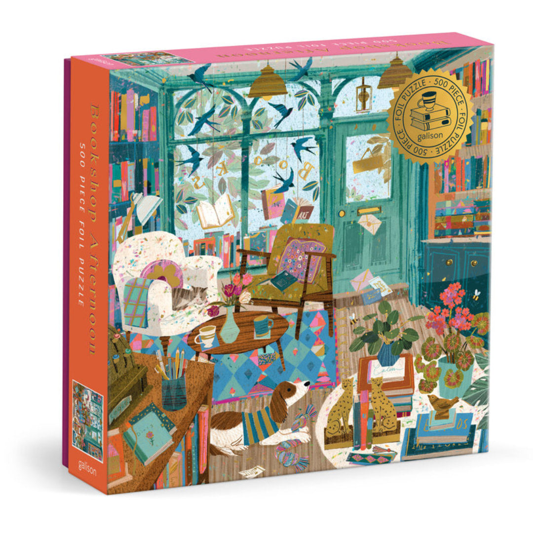 Puzzle box with colorful illustration of a cozy room with books and furniture, featuring a dog and a person.