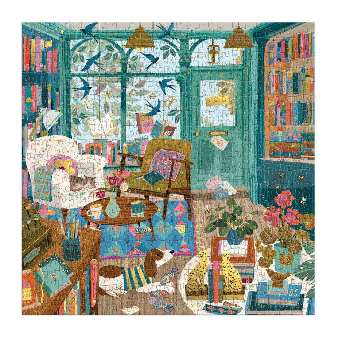 Colorful illustration of a cozy room with books, furniture, and decorative elements.