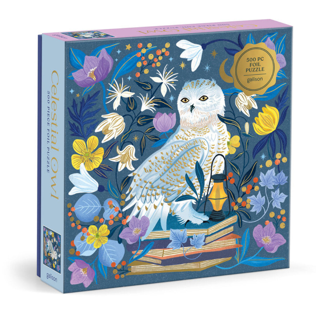 Giant Celestial Owl puzzle box with owl illustration and floral elements on a blue background