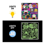 A product demonstration graphic showing a square glow-in-the-dark night light with Halloween cat illustrations. The top half shows the product with a yellow light bulb icon and the text 'LIGHTS ON', while the bottom half shows the product turned off with a black background and the text 'LIGHTS OFF', revealing a bright green glowing pattern.