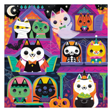 A colorful Halloween-themed illustration featuring cartoon cats in various costumes and poses, set against a spooky house and moonlit sky background.