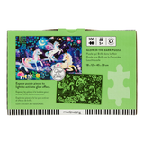 Green jigsaw puzzle box for 'Glow in the Dark Puzzle' by Mudpuppy, featuring an illustration of fairies and a unicorn on a starry night sky, with a sample of the glowing green patterned pieces shown on the front.