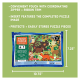 A green informational graphic showing a Pouch Puzzle Woodland zip pouch with a colorful woodland-themed puzzle insert. White text at the top lists features, and dimension lines indicate the pouch is 10.