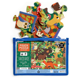 Woodland animal wooden jigsaw puzzle with pieces scattered above a blue zip pouch packaging on a white background. The puzzle and pouch feature colorful forest illustrations including deer, fox, owl, mushroom, and trees.