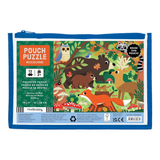 A Pouch Puzzle woodland-themed zippered pouch by Mud Puppy. The blue and white pouch features a colorful forest illustration with woodland animals including a bear, deer, fox, owl, and raccoon, along with text indicating it contains 12 pieces and is suitable for ages 2+.