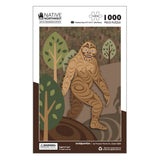 Jigsaw puzzle packaging featuring a Sasquatch design with trees in the background, brand 'Native Northwest' visible.