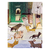 Illustration of cats in a rainy scene with one holding an umbrella.