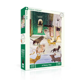 Puzzle box titled 'A Rainy Day' featuring cats by a window with raindrops.