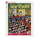 Puzzle box featuring 'The New Yorker' magazine cover with an art auction scene.