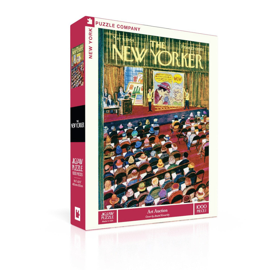 Jigsaw puzzle box featuring 'The New Yorker' magazine cover with art auction scene