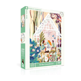 Jigsaw puzzle box titled 'At the Greenhouse' by New York Puzzle Company on a white background