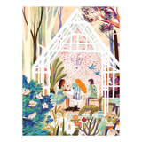 An illustration of 3 people around a table in a greenhouse and garden