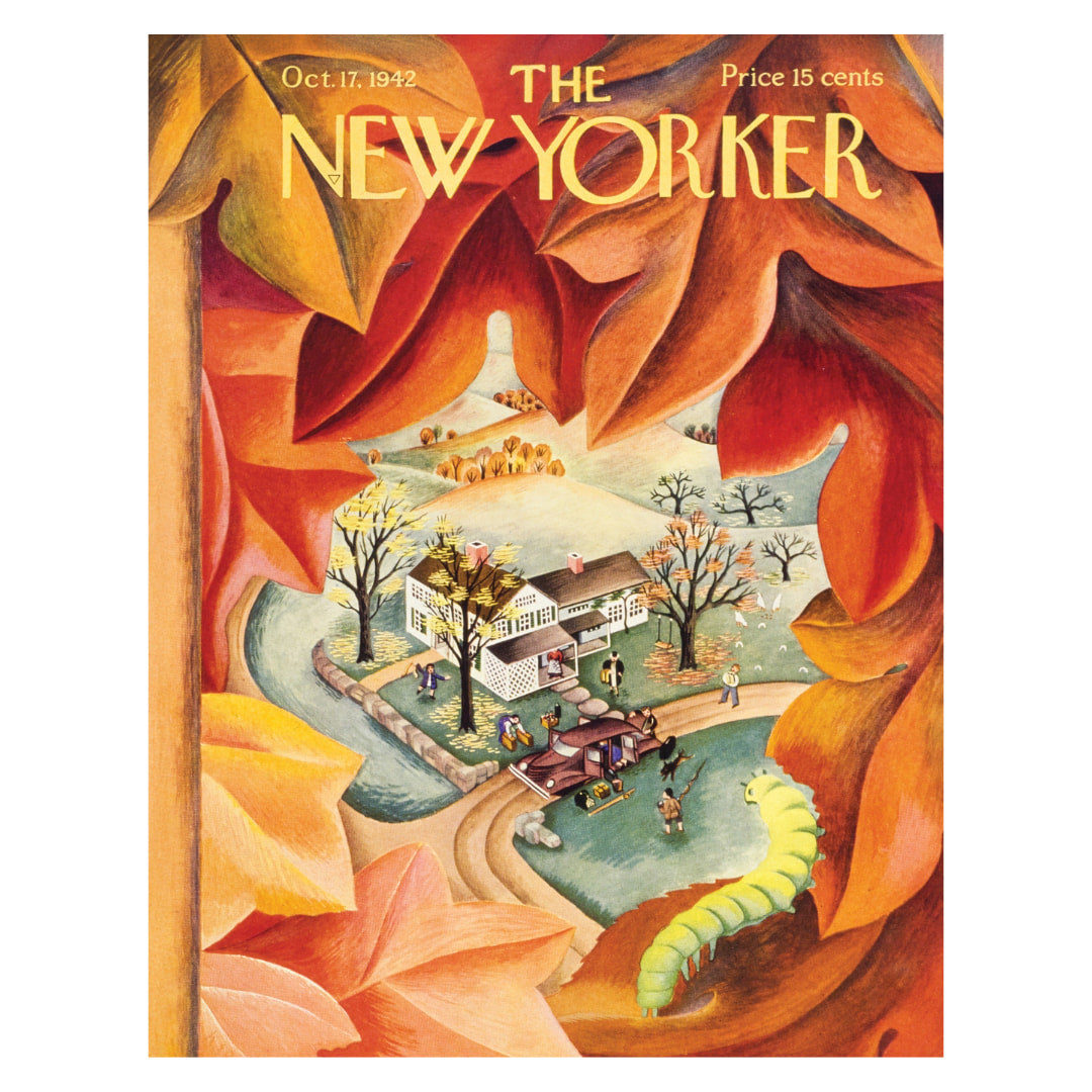 Cover of 'The New Yorker' magazine from October 17, 1942 with a colorful illustration of a house and trees.