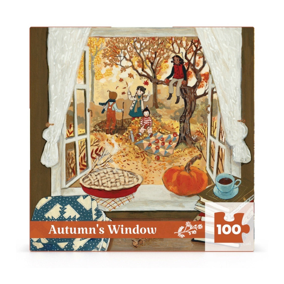 Jigsaw puzzle box titled 'Autumn's Window' with an illustration of children playing in a yard.