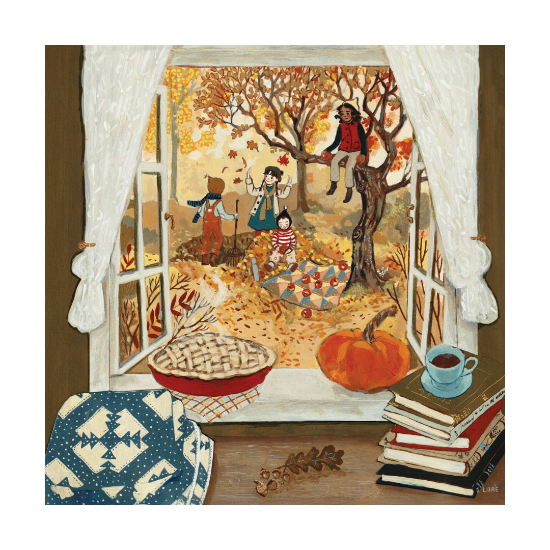 Illustration of children playing in an autumn scene with a window view, pumpkin, and books.