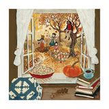 Illustration of children playing in an autumn scene with a window view, pumpkin, and books.