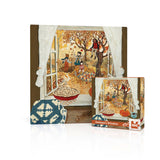 Jigsaw puzzle packaging with autumn-themed illustration of children and a pie.