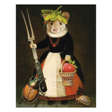 Painting of a stylized mouse in a dress holding a basket and a fork, with a dark background.