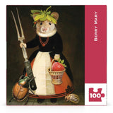 Jigsaw puzzle box featuring a mouse character with a basket of strawberries and a fork, titled 'Berry Mary'.
