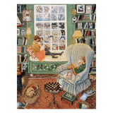 A detailed vintage-style illustration showing a cozy interior scene with two children reading in a decorated room. One child is lying on a window seat reading a book, and the other is seated in a large armchair reading.