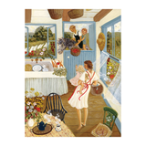 Painting of a woman in a kitchen with a child, surrounded by flowers and a horse.