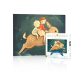 Illustration of two children riding a bunny with a matching puzzle box on a white background