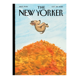 The New Yorker magazine cover, October 20, 2025, featuring a light blue sky and a large mound of orange and yellow autumn leaves, with a small dog jumping above the leaves. The title 'THE NEW YORKER' is printed across the top.