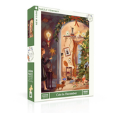 A 1000-piece jigsaw puzzle box by Puzzle Company titled 'Cats in December,' featuring a cozy holiday scene with a woman, cats, a Christmas tree, and warm lighting on the front, with green side panels and product text.