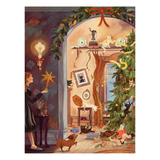 A festive illustrated holiday scene showing a woman in a dark dress holding a star wand in a decorated room with cats, a Christmas tree, wrapped gifts, and an arched doorway framed by greenery and a red bow.