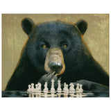 Bear playing chess with chess pieces on a checkered surface