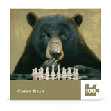 Jigsaw puzzle packaging with a bear playing chess, labeled 'Chess Bear' and '100 pieces'.