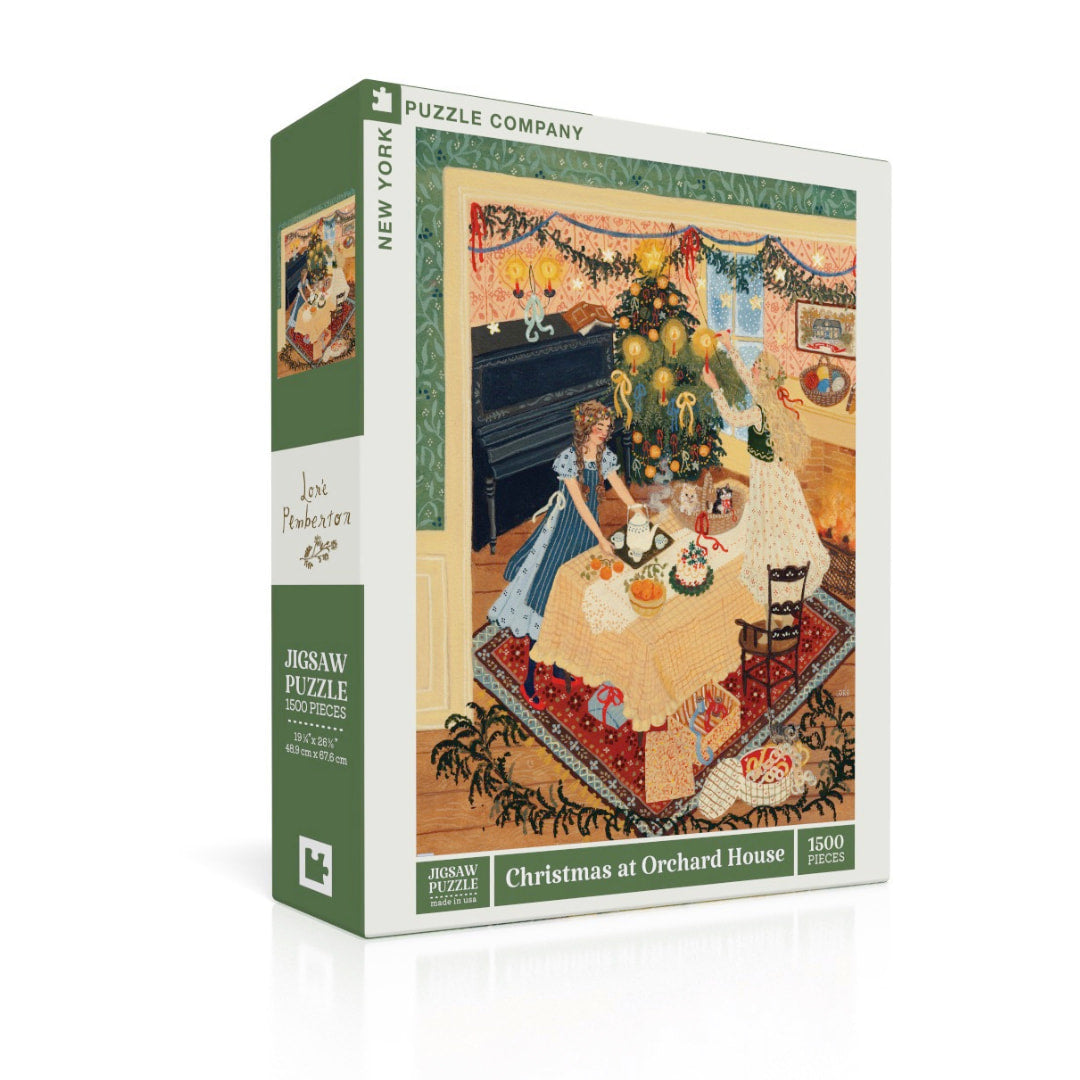 Jigsaw puzzle box featuring a Christmas scene with a family around a tree, on a white background.