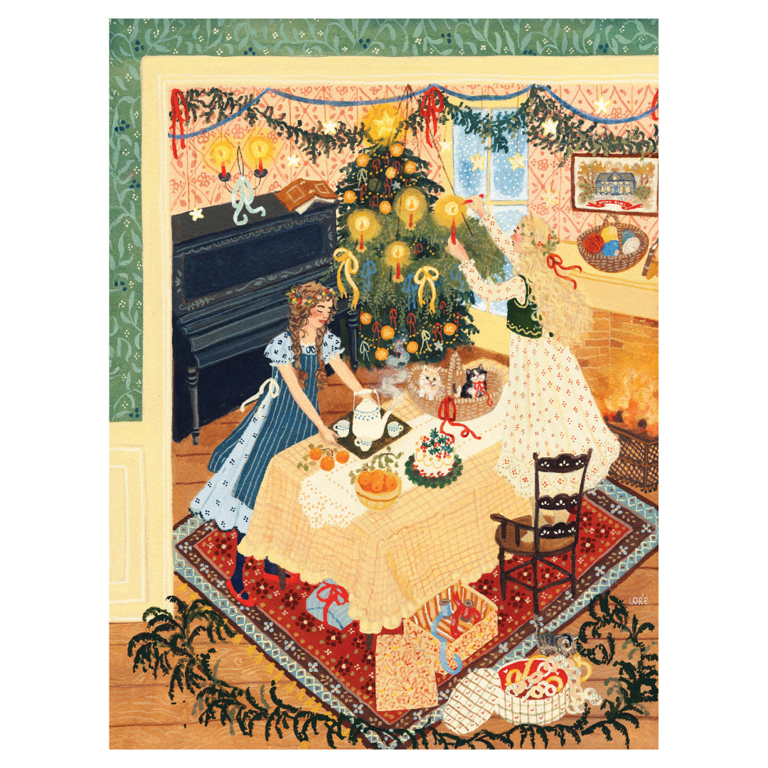 Illustration of a woman decorating a Christmas tree in a cozy living room.